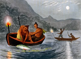 Domorodí Američané lovící za svitu pochodní v Severní Americe, 1813