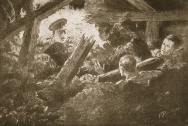 Podporučík C.F.H. Calvert vykopává a zachraňuje dva muže z minové galerie, která spadla do moře.