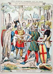Galští válečníci skládající přísahu, z ochranného pouzdra na učebnice, konec 19. století (barevné lito)