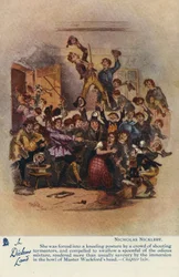 V Dickensově zemi - Nicholas Nickleby Pohlednice, cca 1905 (barevná litografie)