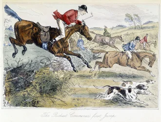 Lovecká scéna, anglický kreslený film o honu na lišku, převzatý z „“ dobrodružství Thomase Scotta nebo Hawbucka Grange“, ilustrace H.K. Browne a W. T. Maud.