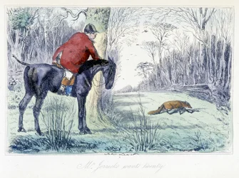 Scéna lovu na koni. Anglický kreslený film o lovu na lišku z ilustrace „Dobrodružství Thomase Scotta nebo Hawbucka Grange““ od H.K. Browne a W. T. Maud.