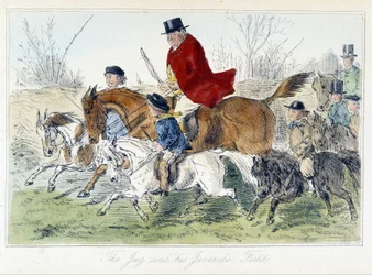 Lovecká scéna, anglická karikatura o honu na lišku čerpá z „“ dobrodružství Thomase Scotta nebo Hawbucka Grange“, ilustrace H.K. Browne a W. T. Maud.