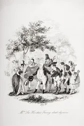 Fancy-dress dejeune paní Leo Hunterové, ilustrace z „The Pickwick Papers“ od Charlese Dickense (1812-70), vydané v roce 1837