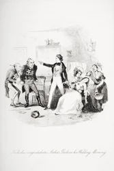 Nicholas blahopřeje Arthuru Grideovi k jeho svatebnímu ránu, ilustrace z „Nicholas Nickleby“ od Charlese Dickense (1812-70) publikovaná v roce 1839 (viz také 259152)