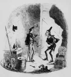 Nicholas učí Smikea v hereckém umění, ilustrace z „Nicholas Nickleby“ od Charlese Dickense (1812-70) publikovaná v roce 1839 (litho)