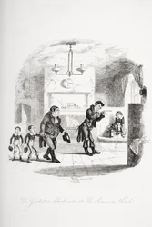 Školník z Yorkshiru v Saracénské hlavě, ilustrace z „Nicholase Nicklebyho“ od Charlese Dickense (1812-70) vydaného v roce 1839