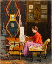 ""Mladá dívka malířka ve svém ateliéru"" (dívčí malířka a její ateliér) Malba Halila Paši (Pasa, Pacha) (1857-1939) 1939 Olej na plátně Rozměr 41x33 cm Muzeum Sakip Sabanci, Istanbul