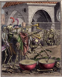 Rytina „Dances macabre““ od Hanse Holbeina mladého (1497-1543).