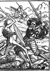 Falešná smrt Hanse Holbeina Mladého (1497-1543): vojáka. Voják bojuje se Smrtí; u jejich nohou leží těla ostatních válečníků. Rytina.