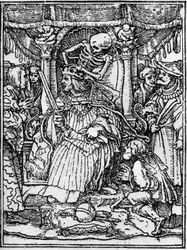 Simulakony smrti Hanse Holbeina Mladého (1497-1543): císaře. Zatímco Smrt sebere korunu císaře, rolník ho prosí o spravedlnost. Rytina.