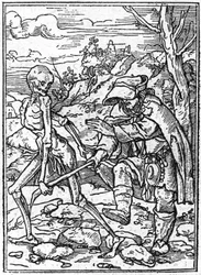 Simulacony smrti Hanse Holbeina mladšího (1497-1543): slepý. Smrt popadne hůl nevidomého a funguje jako průvodce. Rytina.