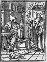 Simulakony smrti Hanse Holbeina mladšího (1497-1543): lékaře. Smrt přichází mezi lékaře a jeho pacienta. Rytina.