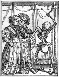 Simulacony smrti Hanse Holbeina mladšího (1497-1543): manželé. Smrt hraje na buben před párem. Rytina.