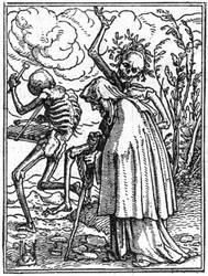Simulacony smrti Hanse Holbeina mladšího (1497-1543): starý. Smrt doprovází starou dámu k jejímu osudu. Rytina.
