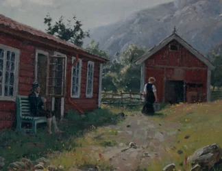 Farmyard, západní Norsko (olej na plátně)