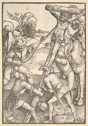 Vztyčení kříže, verso: Vztyčení kříže, od Speculum Passionis Domini ..., 1507.