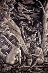 Sabbath of the Witches, rytina Hanse Baldunga Greena, německého malíře, rytce a karikaturisty (1484-1545).