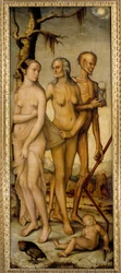 Věk života Mladá žena, starý muž a kostlivec držící přesýpací hodiny. Obraz Hanse Baldunga dit Griena (1484-1545) 1540 Rozm. 1,51 x 0,61 m Madrid, muzeum Prado