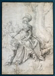 Žena jedoucí na muži: Phyllis sedící na zádech Aristotela, který chodí po všech čtyřech. Kresba Grien Hans Baldung (1484-1545) Ec. Všechno.