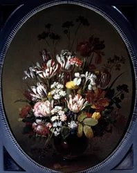 Váza s květinami. Obraz Hanse Bollongiera (v.1600-ap. 1644), Ec. Hol. Olej na plátně. Rozměr: 0,83 x 0,68 m. Chalon-Sur-Saone, Musee Denon