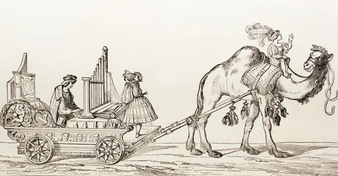 Varhaník Paul Hofhaimer hrající v kočáře taženém velbloudem z „El Mundo Ilustrado“, vydaného v Barceloně, 1880.