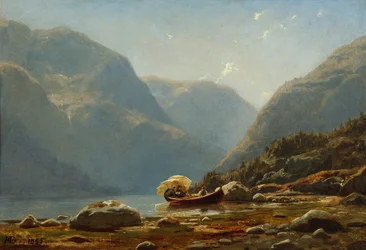 Fjord krajina s lidmi ve veslici