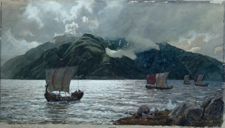 Vikingské lodě, Sognefjord (akvarel, pero, tužka a kvaš na papíře)