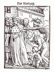 Smrt a vévoda, z „Tance smrti“, vyryl Hans Lutzelburger, kolem roku 1538