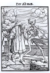 Smrt a stařec, z „Tance smrti“, rytina Hanse Lützelbürgera, kolem roku 1538