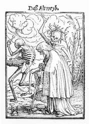 Smrt a stařena, z „Tance smrti“, rytina Hanse Lutzelburgera, kolem roku 1538