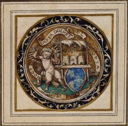 Amor bodnutý včelami - Design pro přívěsek nebo odznak klobouku, c.1532-43 (pero a inkoust na papíře)
