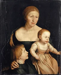 Portrét umělcovy manželky se dvěma staršími dětmi, 1528-29 (kombinovaná média na papíře připevněném na dřevě)