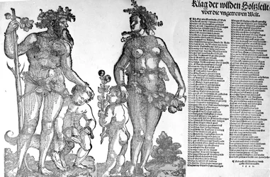 Broadside o stažení divokých mužů z lesů ze světa, který se změnil k horšímu, dřevoryt Hanse Guldenmunda, 1545