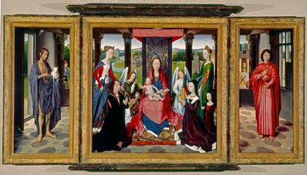 Panna s dítětem se světci a dárci, kolem roku 1478 (olej na dubovém dřevě)