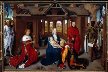 Triptych Klanění tří králů: centrální panel. Mágové jsou jako Charles Temeraire a Filip Dobrý. Detrempe na dřevě od Hanse Memlinga (1433-1494). kolem 1470, ne. 0,95x1,45 m Madrid. Musee du Prado. - Triptych Klanění tří králů: st
