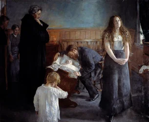 Nemocné dítě. Obraz Hanse Olafa Heyerdahla (1857-1913), Ec. Sued