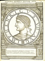 Jindřich VII., ilustrace z „Římští císaři celého Východu a Západu“, dřevoryt od Rudolpha Wyssenbacha, tisk Andreas Gesner, Curych