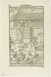 Strana CCCL z Vom Bergwerck XII Bücher od Agricoly, deska 43 z Dřevorytů z knih XVI. století