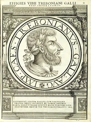 Trebonianus Gallus, ilustrace z „Římští císaři celého Východu a Západu“, dřevoryt Rudolpha Wyssenbacha, tisk Andreas Gesner,