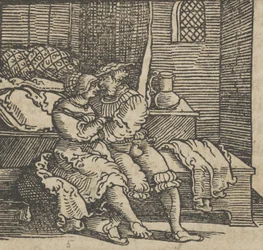 Spinneloccio Zamčený v truhle, na které sedí jeho manželka a Zeppa, z..., před rokem 1534.