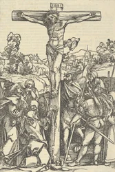 Ukřižování, z Rozhodnuté zahrady Růžencové Marie, 1505.