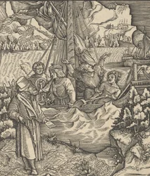 Unfalo ohrožující Theuerdanckovu loď, z Theuerdanck, 1517.
