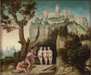 Le jugement de Paris - Soud z Paříže, Schoepfer, Hans, starší (1505-1570). Olej na dřevě. Rozměr: 32 x 41 cm. Národní muzeum Stockholm