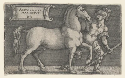 Alexander Veliký vedoucí Bucefalus, kolem 1531-1550 (rytina)