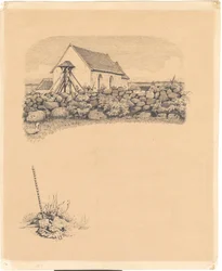 Ilustrace pro sv. Svatý. Tribunály: "Mowns". F.o.: kostel za kameny; f.n.: hrobové místo (?) s rýčem