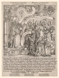 Císař Maxmilián představený svými patrony Všemohoucímu, 1519.