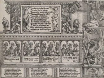 Horní část levého portálu s nápisem na lví kůži, vlys s B..., 1515.