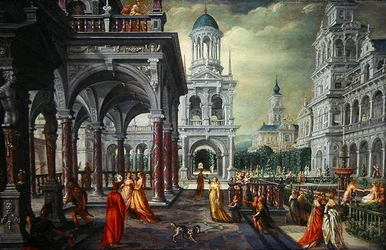 Bathsheba a David s architektonickým pozadím (olej na dubu)