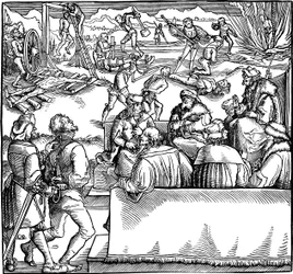 Soudní zasedání. Ilustrace z knihy Phisicke Against Fortune od Petrarca, 1532